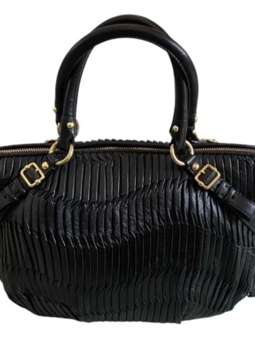 Coach Black Leather Pleated Satchel with Gold Accents
